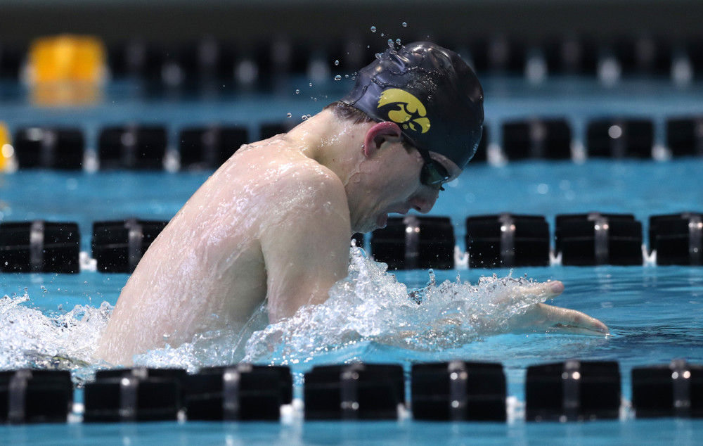 Iowa's Dolan Craine competes in the 200-yard breaststroke during the 2019 Big Ten Men's Swimming and Diving Championships Saturday, March 2, 2019 at the Campus Wellness and Recreation Center. (Brian Ray/hawkeyesports.com)