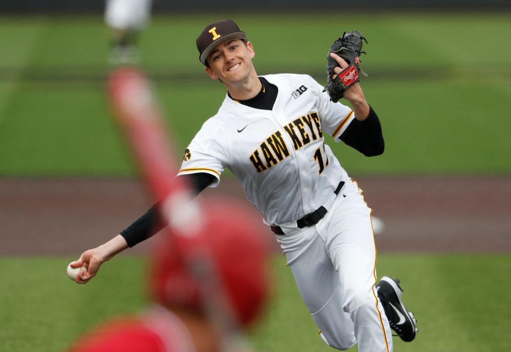 Iowa Hawkeyes pitcher Nick Nelsen (12) during a double header against the Indiana Hoosiers Friday, March 23, 2018 at Duane Banks Field. (Brian Ray/hawkeyesports.com)