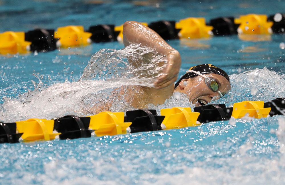 Iowa's Devin Jacobs competes in the 400-yard individual medley during a meet against Michigan and Denver at the Campus Recreation and Wellness Center on November 3, 2018. (Tork Mason/hawkeyesports.com)