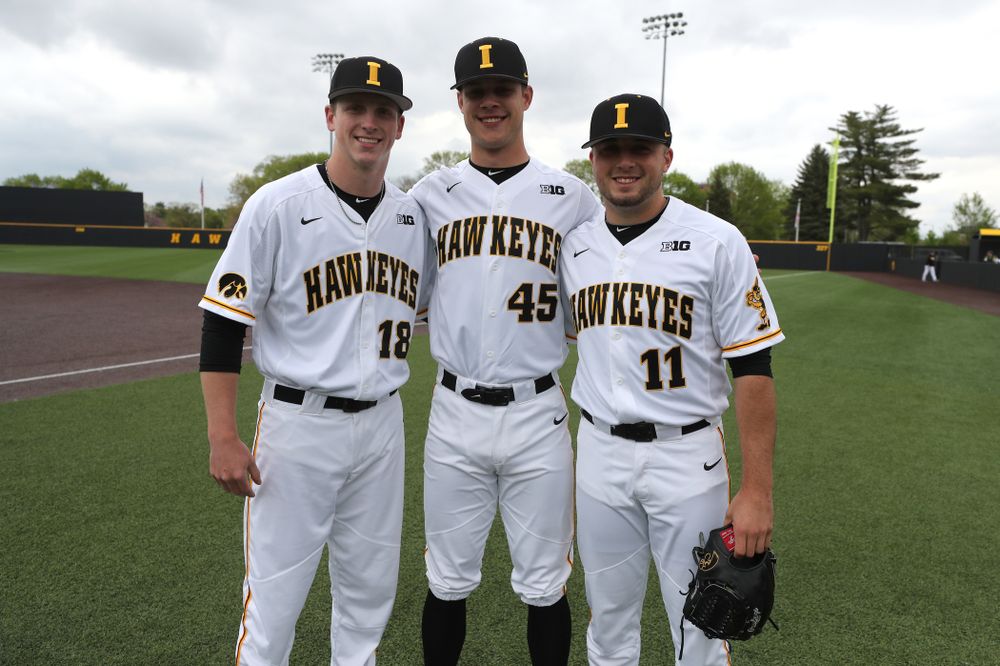 Iowa Hawkeyes Shane Ritter (18), Kyle Shimp (45), and Cole McDonald (11) before their  game against Michigan State Sunday, May 12, 2019 at Duane Banks Field. (Brian Ray/hawkeyesports.com)