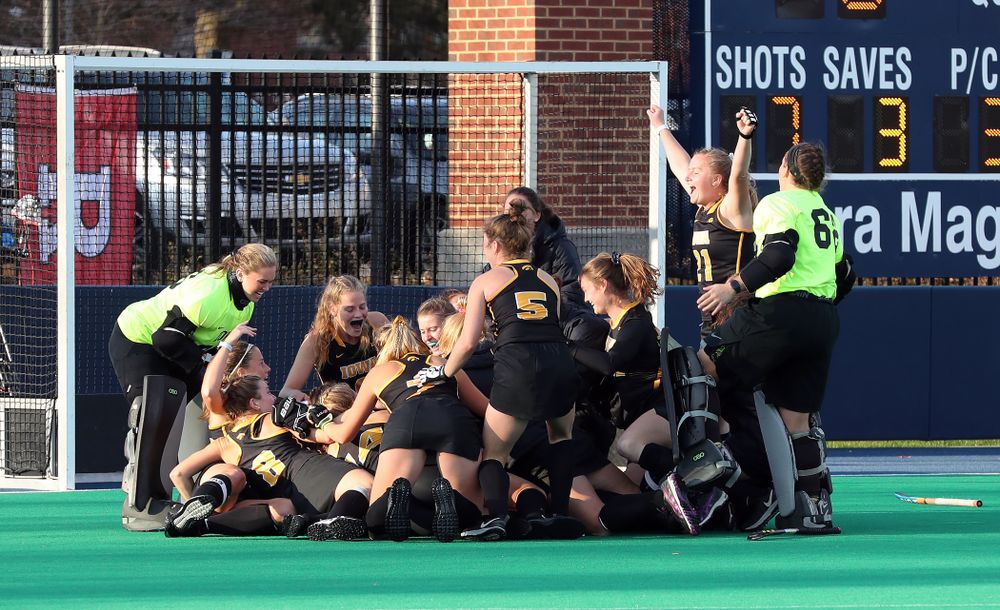The Iowa Hawkeyes celebrate their 1-0 overtime victory over Penn State to win the 2019 Big Ten Field Hockey Tournament Sunday, November 10, 2019 at Penn State (Brian Ray/hawkeyesports.com)