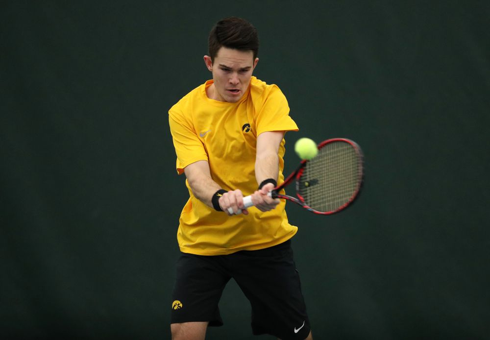 Jonas Larsen against the Butler Bulldogs Sunday, January 27, 2019 at the Hawkeye Tennis and Recreation Complex. (Brian Ray/hawkeyesports.com)