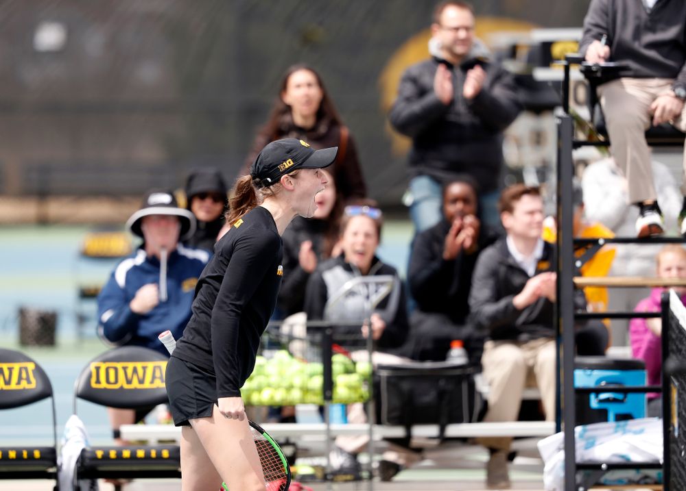Elise Van Heuvelen and Anastasia Reimchen play a doubles match against the Wisconsin Badgers Sunday, April 22, 2018 at the Hawkeye Tennis and Recreation Center. (Brian Ray/hawkeyesports.com)