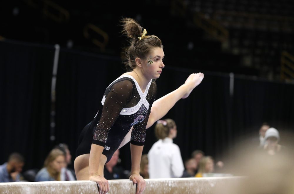Iowa's Bridget Killian competes on the beam against the Rutgers Scarlet Knights Saturday, January 26, 2019 at Carver-Hawkeye Arena. (Brian Ray/hawkeyesports.com)