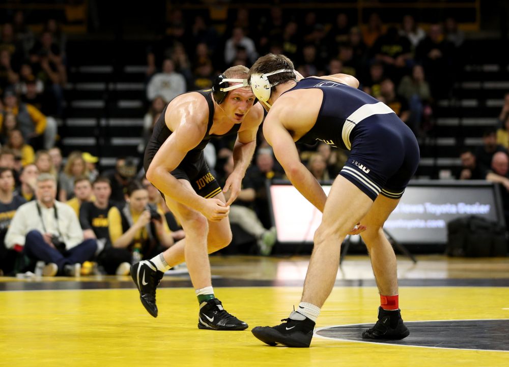 Iowa’s Kaleb Young wrestles Penn State’s Bo Pipher at 157 pounds Friday, January 31, 2020 at Carver-Hawkeye Arena. Young defeated Pipher 6-1. (Brian Ray/hawkeyesports.com)