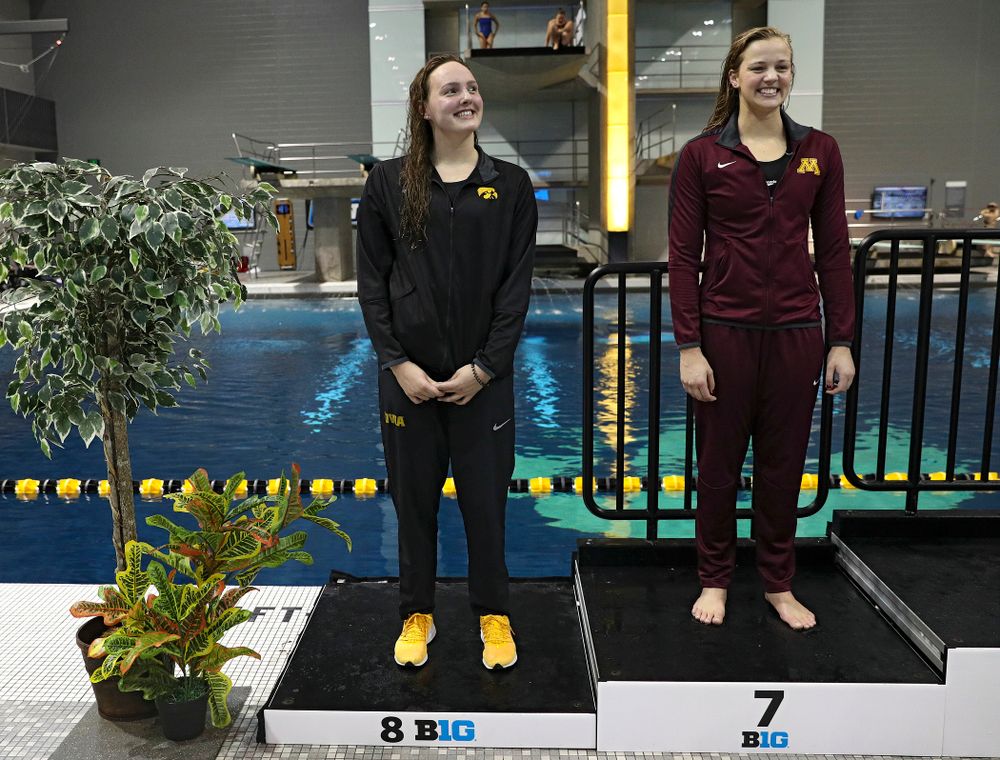 Iowa’s Emilia Sansome on the awards stand after swimming the women’s 200 yard backstroke final event during the 2020 Women’s Big Ten Swimming and Diving Championships at the Campus Recreation and Wellness Center in Iowa City on Saturday, February 22, 2020. (Stephen Mally/hawkeyesports.com)