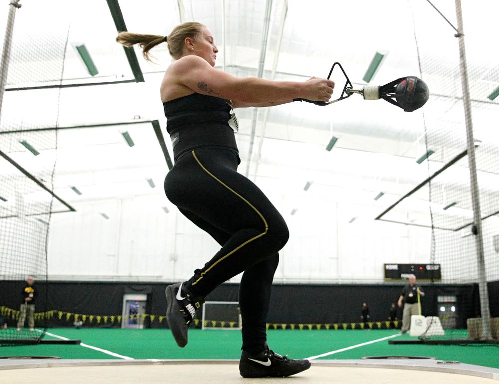 Iowa’s Allison Wahrman throws during the women’s weight throw event at the Hawkeye Tennis and Recreation Complex in Iowa City on Friday, January 31, 2020. (Stephen Mally/hawkeyesports.com)
