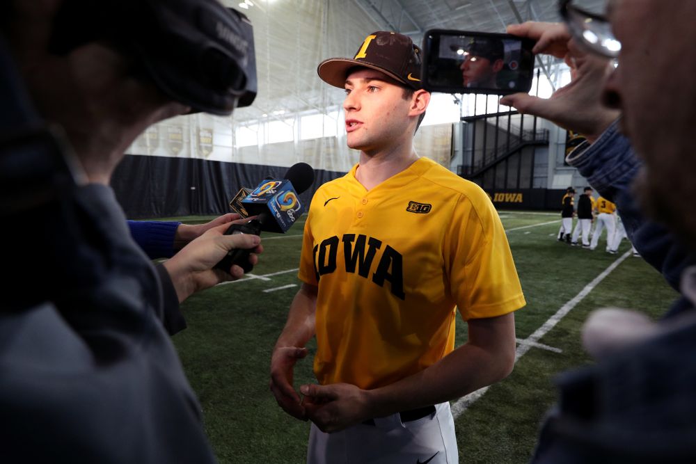 Iowa Hawkeyes outfielder Ben Norman (9) answers questions during their annual media day Thursday, February 6, 2020 at the Indoor Practice Facility. (Brian Ray/hawkeyesports.com)