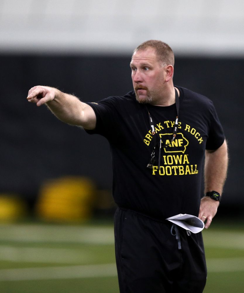 Iowa Hawkeyes offensive line coach Tim Polasek during practice Wednesday, December 12, 2018 at the Hansen Football Performance Center in preparation for the Outback Bowl game against Mississippi State. (Brian Ray/hawkeyesports.com)