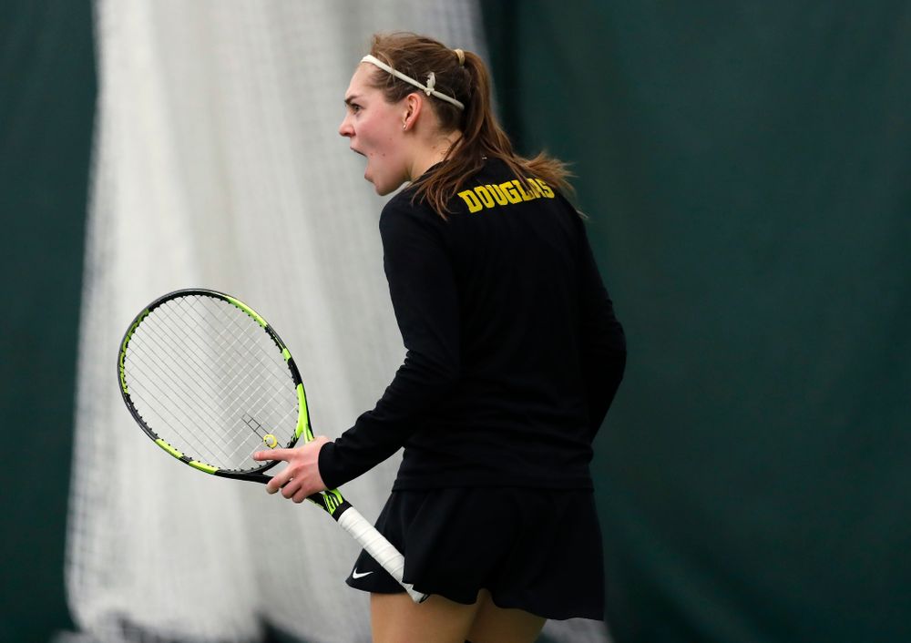Zoe Douglas against Ohio State Sunday, March 25, 2018 at the Hawkeye Tennis and Recreation Center. (Brian Ray/hawkeyesports.com)