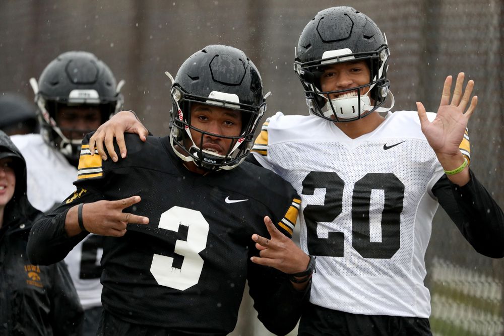 Iowa Hawkeyes wide receiver Tyrone Tracy Jr. (3) and defensive back Julius Brents (20) during practice Monday, December 23, 2019 at Mesa College in San Diego. (Brian Ray/hawkeyesports.com)