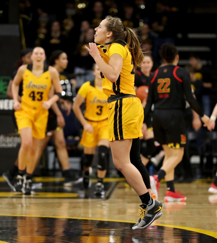 Iowa Hawkeyes guard Kathleen Doyle (22) celebrates following their victory against the Maryland Terrapins Thursday, January 9, 2020 at Carver-Hawkeye Arena. (Brian Ray/hawkeyesports.com)