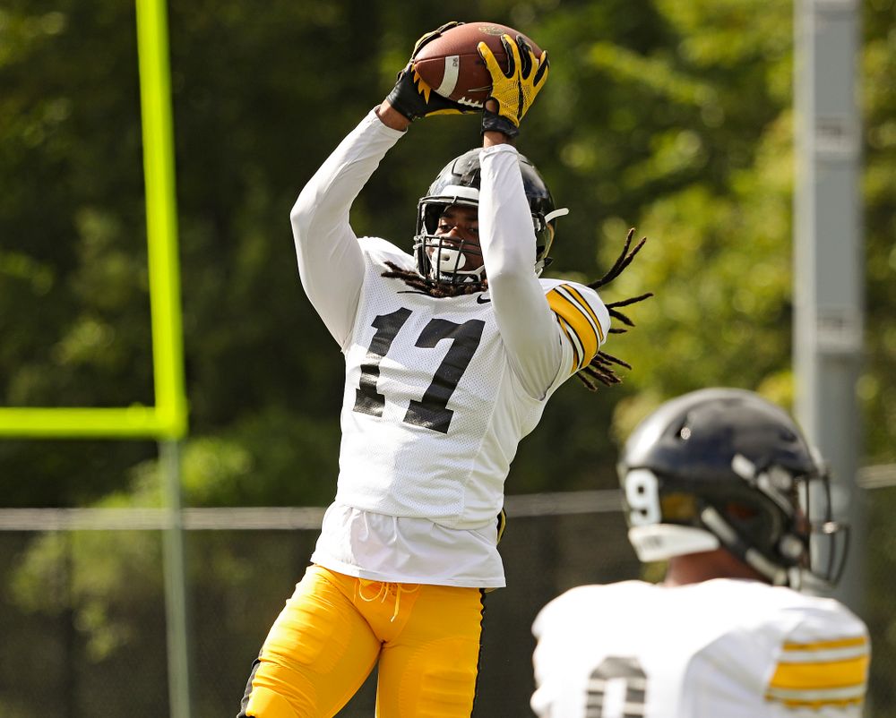 Iowa Hawkeyes defensive back Devonte Young (17) pulls in a pass in a drill during Fall Camp Practice No. 11 at the Hansen Football Performance Center in Iowa City on Wednesday, Aug 14, 2019. (Stephen Mally/hawkeyesports.com)
