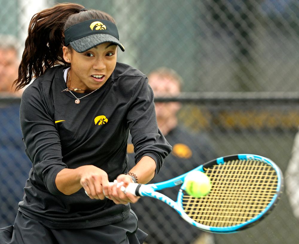 Iowa's Michelle Bacalla during a match against Rutgers at the Hawkeye Tennis and Recreation Complex in Iowa City on Friday, Apr. 5, 2019. (Stephen Mally/hawkeyesports.com)