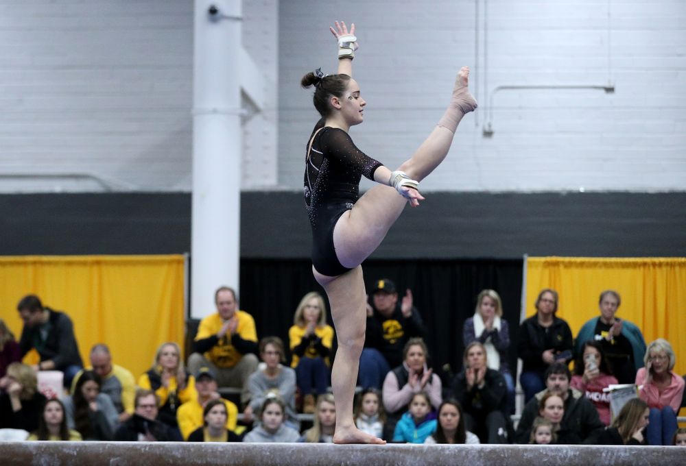 Allie Gilchrist competes on the beam during the Black and Gold intrasquad meet Saturday, December 1, 2018 at the University of Iowa Field House. (Brian Ray/hawkeyesports.com)