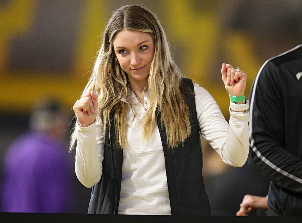 Iowa assistant coach Paige Knodle celebrates during the women’s high jump event during the Hawkeye Invitational at the Recreation Building in Iowa City on Saturday, January 11, 2020. (Stephen Mally/hawkeyesports.com)