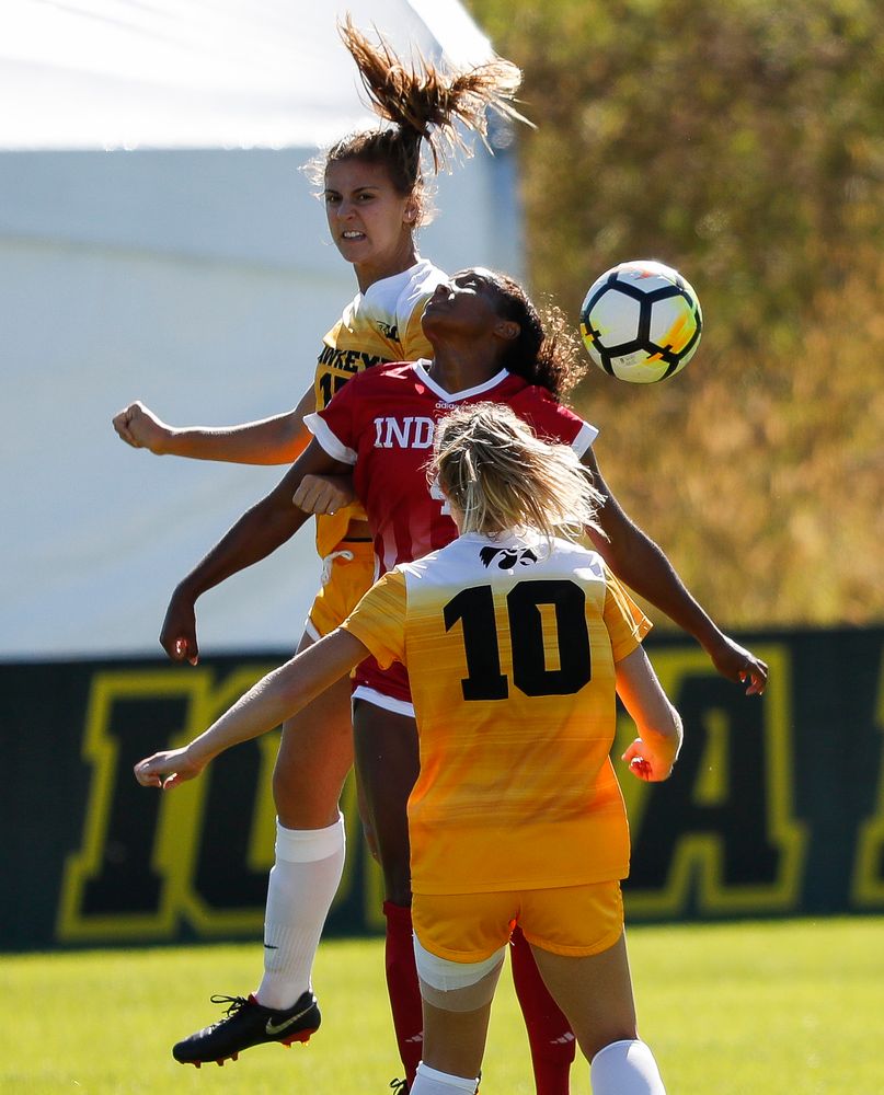 Iowa Hawkeyes defender Hannah Drkulec (17) heads the ball during a game against Indiana at the Iowa Soccer Complex on September 23, 2018. (Tork Mason/hawkeyesports.com)