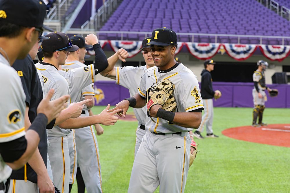 Iowa Hawkeyes infielder Lorenzo Elion (1) comes off the fielder after warming up before their CambriaCollegeClassic game at U.S. Bank Stadium in Minneapolis, Minn. on Friday, February 28, 2020. (Stephen Mally/hawkeyesports.com)