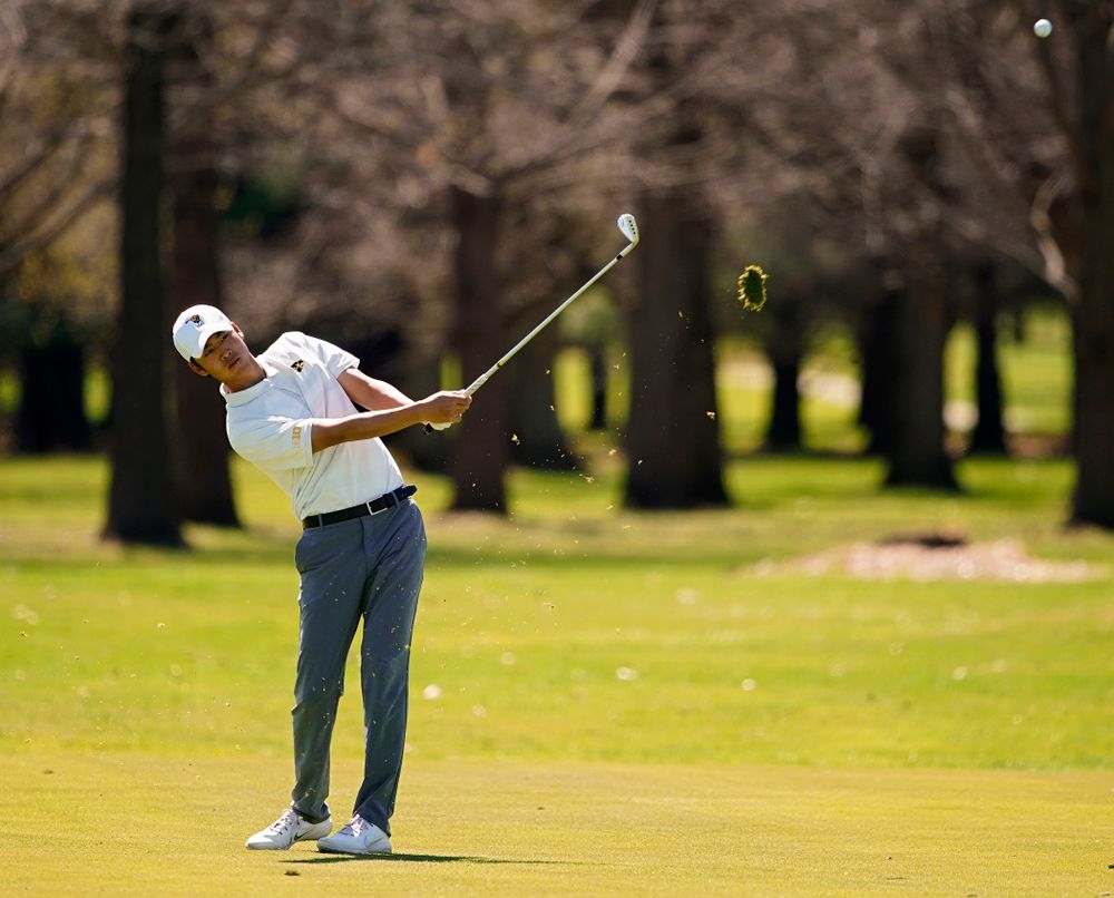 Iowa's Joe Kim hits from the fairway during the first round of the Hawkeye Invitational at Finkbine Golf Course in Iowa City on Saturday, Apr. 20, 2019. (Stephen Mally/hawkeyesports.com)