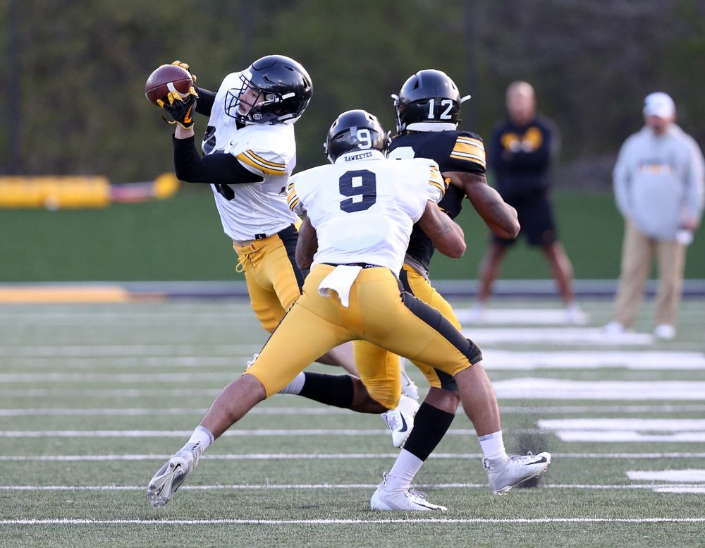 Iowa Hawkeyes defensive back Riley Moss (33) intercepts a pass during the teamÕs final spring practice Friday, April 26, 2019 at the Kenyon Football Practice Facility. (Brian Ray/hawkeyesports.com)