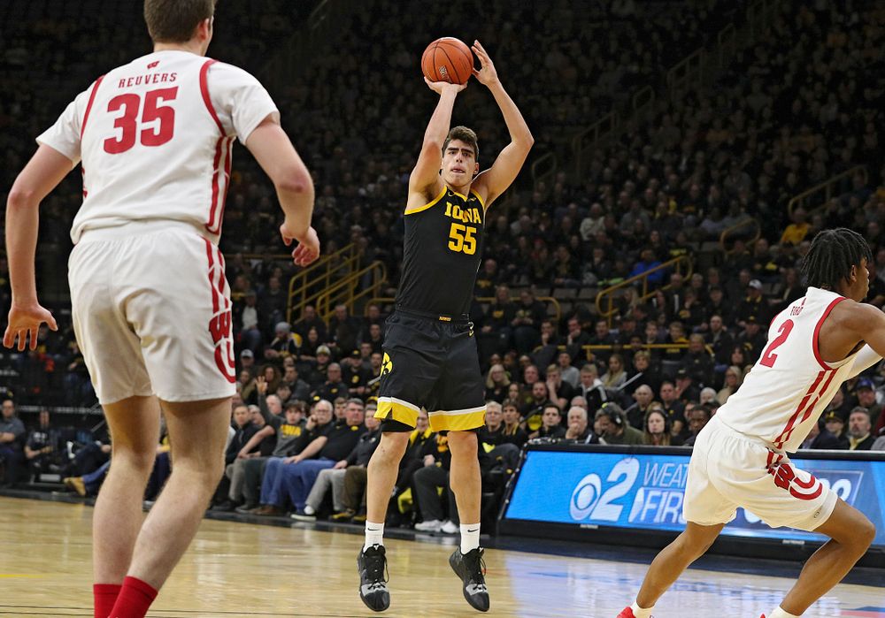 Iowa Hawkeyes center Luka Garza (55) puts up a shot during the first half of their game at Carver-Hawkeye Arena in Iowa City on Monday, January 27, 2020. (Stephen Mally/hawkeyesports.com)