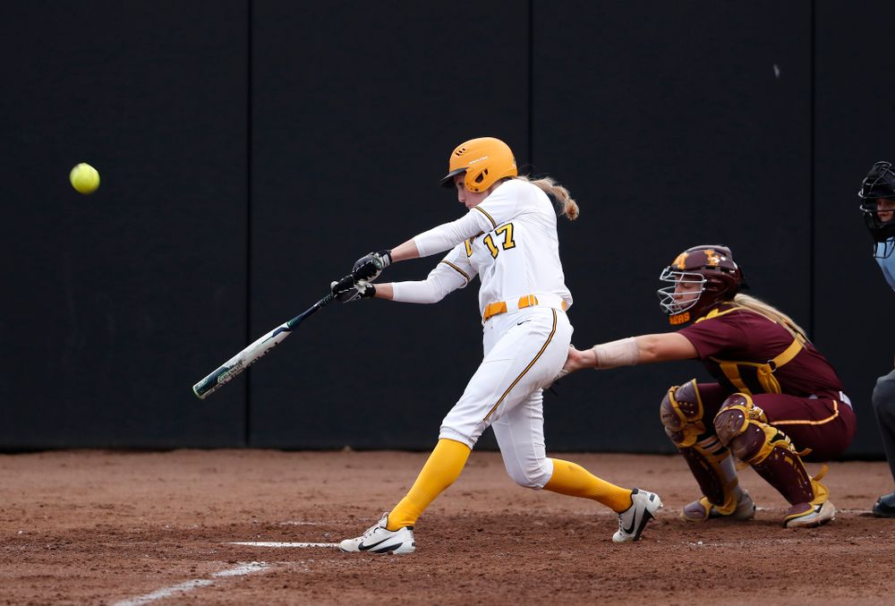 Iowa Hawkeyes outfielder Allie Wood (17) against the Minnesota Golden Gophers  Thursday, April 12, 2018 at Bob Pearl Field. (Brian Ray/hawkeyesports.com)