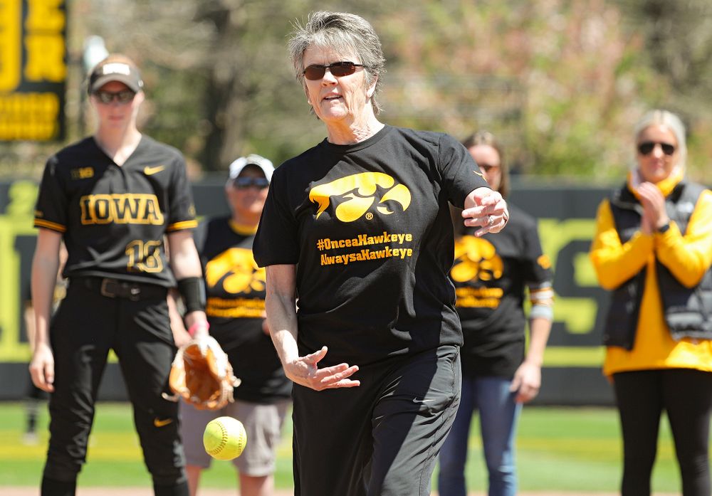 Former Iowa head coach Gayle Blevins throws out the first pitch before the game against Ohio State at Pearl Field in Iowa City on Saturday, May. 4, 2019. (Stephen Mally/hawkeyesports.com)