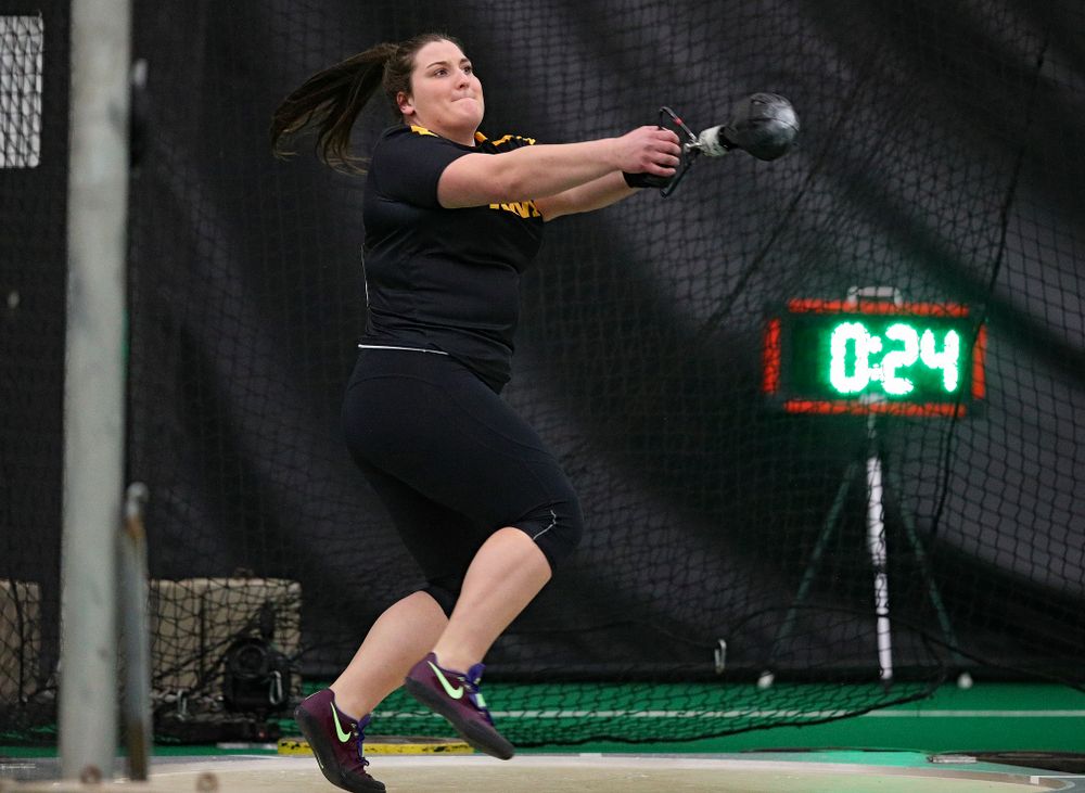 Iowa’s Jamie Kofron throws in the women’s weight throw event during the Hawkeye Invitational at the Hawkeye Tennis and Recreation Complex in Iowa City on Friday, January 10, 2020. (Stephen Mally/hawkeyesports.com)