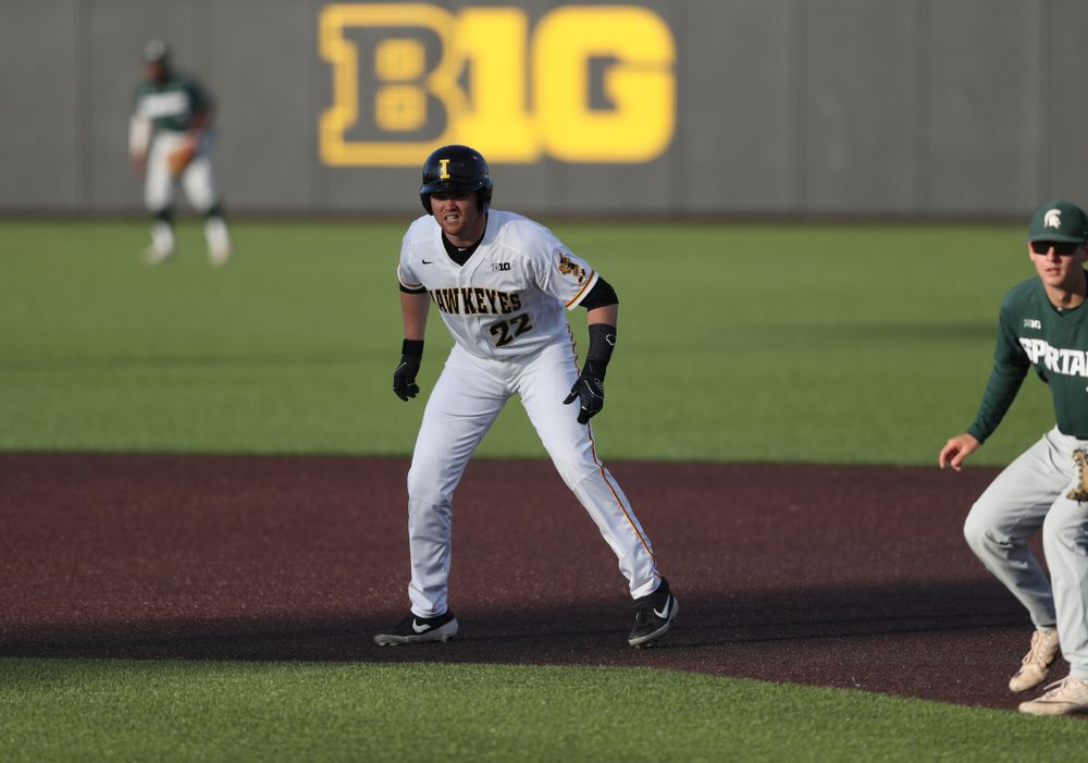 Iowa Hawkeyes Tanner Padgett (22) against the Michigan State Spartans Friday, May 10, 2019 at Duane Banks Field. (Brian Ray/hawkeyesports.com)