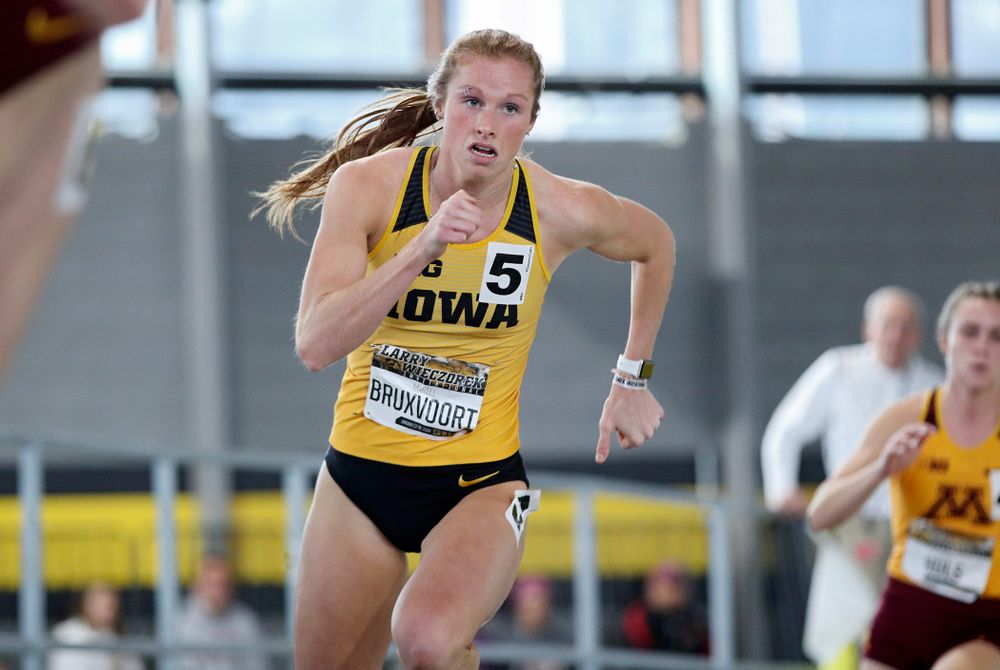Iowa’s Mariel Bruxvoort runs the women’s 400 meter dash event during the Larry Wieczorek Invitational at the Recreation Building in Iowa City on Saturday, January 18, 2020. (Stephen Mally/hawkeyesports.com)