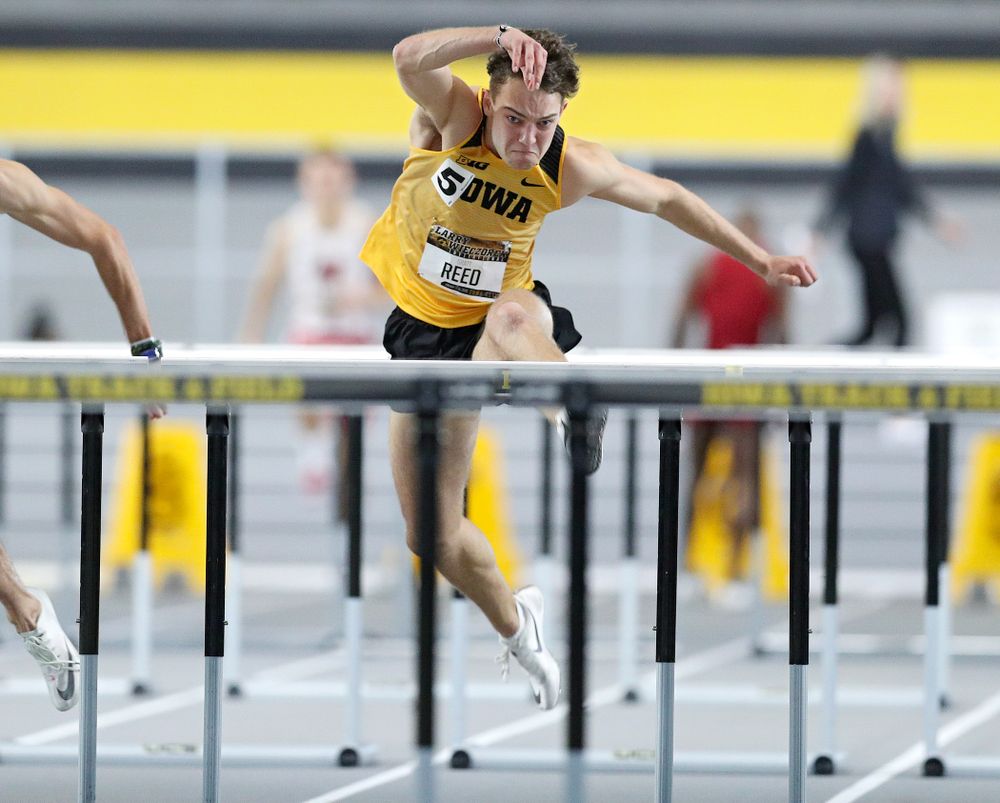 Iowa’s Gratt Reed runs the men’s 60 meter hurdles premier preliminary event during the Larry Wieczorek Invitational at the Recreation Building in Iowa City on Saturday, January 18, 2020. (Stephen Mally/hawkeyesports.com)
