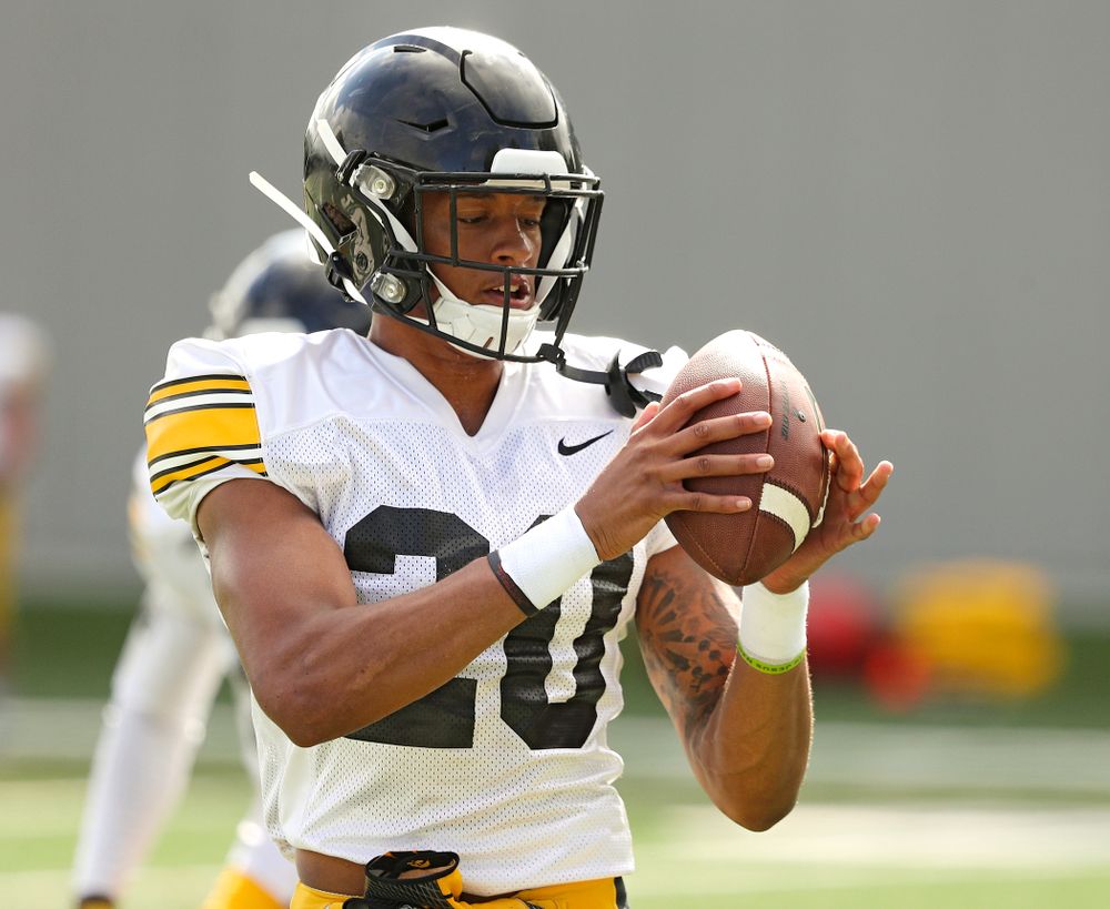 Iowa Hawkeyes defensive back Julius Brents (20) pulls in a pass in a drill during Fall Camp Practice No. 11 at the Hansen Football Performance Center in Iowa City on Wednesday, Aug 14, 2019. (Stephen Mally/hawkeyesports.com)