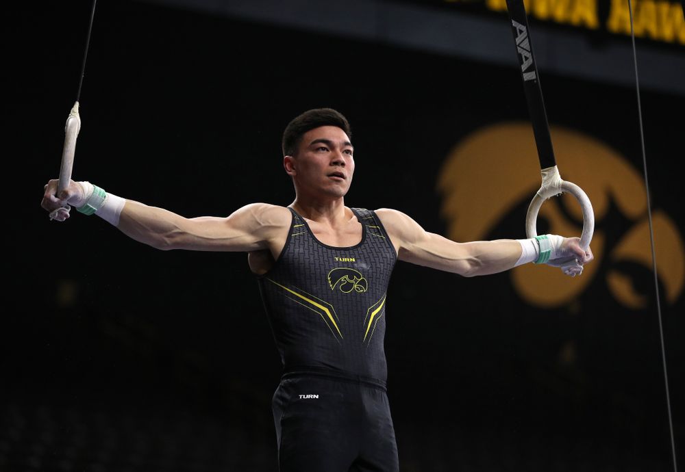 Iowa's Brandon Wong competes on the rings against Oklahoma Saturday, February 9, 2019 at Carver-Hawkeye Arena. (Brian Ray/hawkeyesports.com)