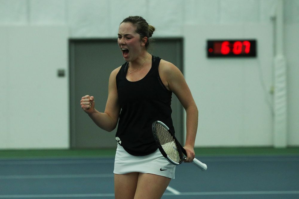 Iowa’s Samantha Mannix celebrates a point during the Iowa women’s tennis meet vs DePaul  on Friday, February 21, 2020 at the Hawkeye Tennis and Recreation Complex. (Lily Smith/hawkeyesports.com)