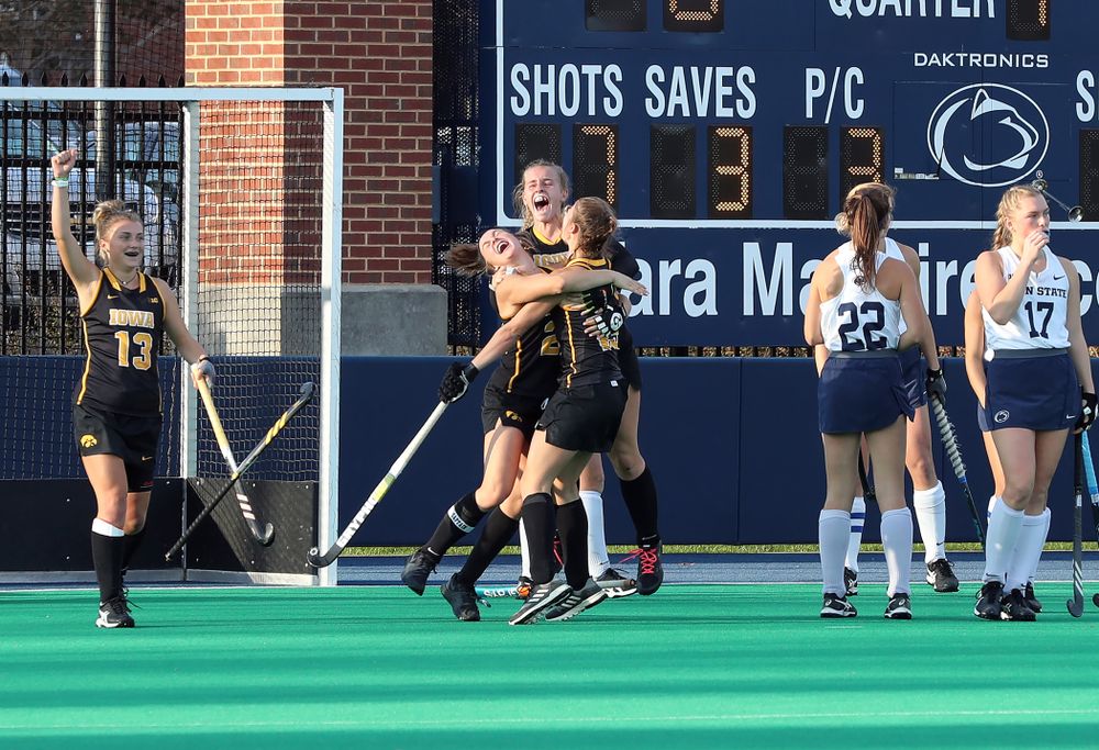Iowa Hawkeyes forward Maddy Murphy (26) scores the game winning goal in their 1-0 overtime victory over Penn State to win the 2019 Big Ten Field Hockey Tournament Sunday, November 10, 2019 at Penn State (Brian Ray/hawkeyesports.com)
