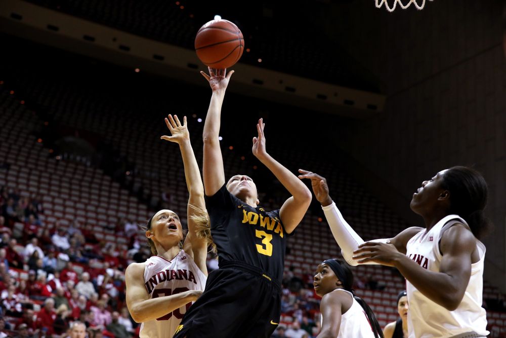 Iowa Hawkeyes guard Makenzie Meyer (3) against the Indiana Hoosiers Thursday, February 21, 2019 at Simon Skjodt Assembly Hall. (Brian Ray/hawkeyesports.com)