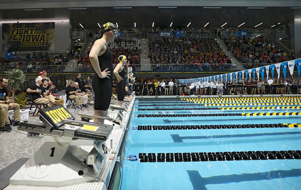 Iowa’s Emilia Sansome waits to swim the women’s 200 yard backstroke final event during the 2020 Women’s Big Ten Swimming and Diving Championships at the Campus Recreation and Wellness Center in Iowa City on Saturday, February 22, 2020. (Stephen Mally/hawkeyesports.com)