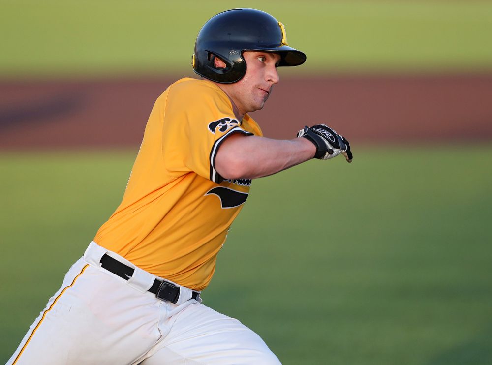 Iowa Hawkeyes catcher Brett McCleary (32) rounds third base and scores a run during the eighth inning of their game against Northern Illinois at Duane Banks Field in Iowa City on Tuesday, Apr. 16, 2019. (Stephen Mally/hawkeyesports.com)