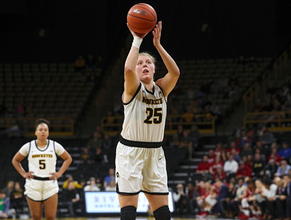 Iowa Hawkeyes forward Monika Czinano (25) makes a free throw during the first overtime period of their game at Carver-Hawkeye Arena in Iowa City on Sunday, January 12, 2020. (Stephen Mally/hawkeyesports.com)