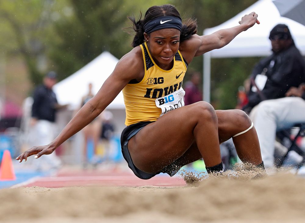 Iowa's Amanda Carty jumps in the women’s triple jump event on the third day of the Big Ten Outdoor Track and Field Championships at Francis X. Cretzmeyer Track in Iowa City on Sunday, May. 12, 2019. (Stephen Mally/hawkeyesports.com)