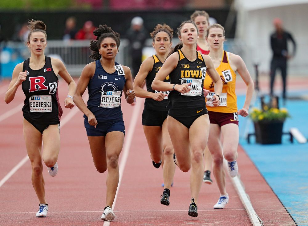 Iowa's Mallory King (front) and Tia Saunders run in the women’s 800 meter event on the second day of the Big Ten Outdoor Track and Field Championships at Francis X. Cretzmeyer Track in Iowa City on Saturday, May. 11, 2019. (Stephen Mally/hawkeyesports.com)