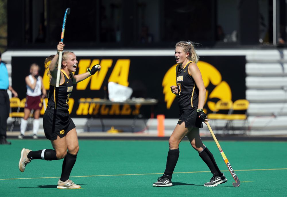 Iowa Hawkeyes Ellie Holley (7) and Katie Birch (11) celebrate a goal against Central Michigan Friday, September 6, 2019 at Grant Field. The Hawkeyes won the game 11-0. (Brian Ray/hawkeyesports.com)