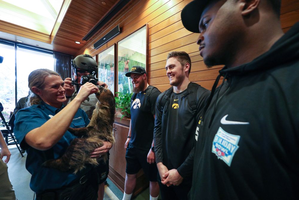 Iowa Hawkeyes offensive lineman Landan Paulsen (68), offensive lineman Levi Paulsen (66), linebacker Nick Niemann (49), and defensive lineman Cedrick Lattimore (95) check out a two toed sloth during a trip to the San Diego Zoo Wednesday, December 25, 2019 in San Diego. (Brian Ray/hawkeyesports.com)