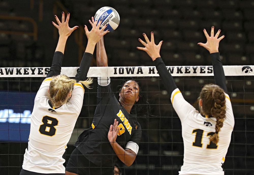 Iowa’s Amiya Jones (9) during the third set of the Black and Gold scrimmage at Carver-Hawkeye Arena in Iowa City on Saturday, Aug 24, 2019. (Stephen Mally/hawkeyesports.com)