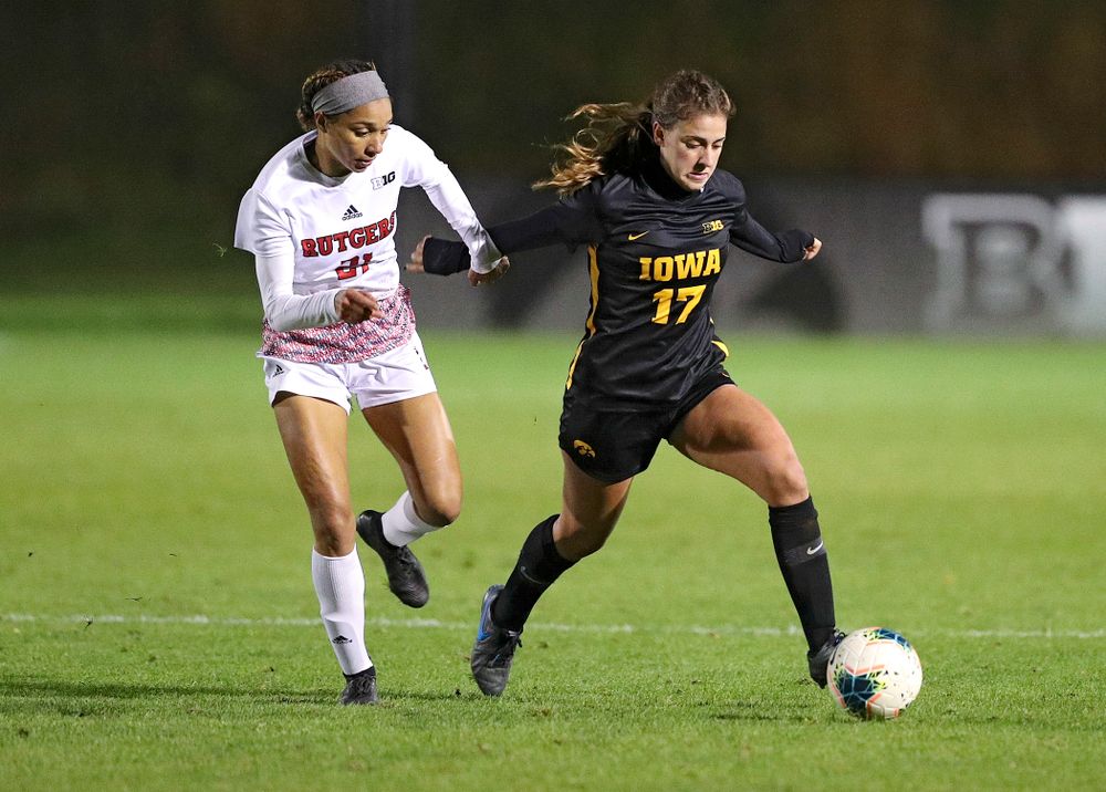 Iowa defender Hannah Drkulec (17) moves with the ball during the second half of their match at the Iowa Soccer Complex in Iowa City on Friday, Oct 11, 2019. (Stephen Mally/hawkeyesports.com)