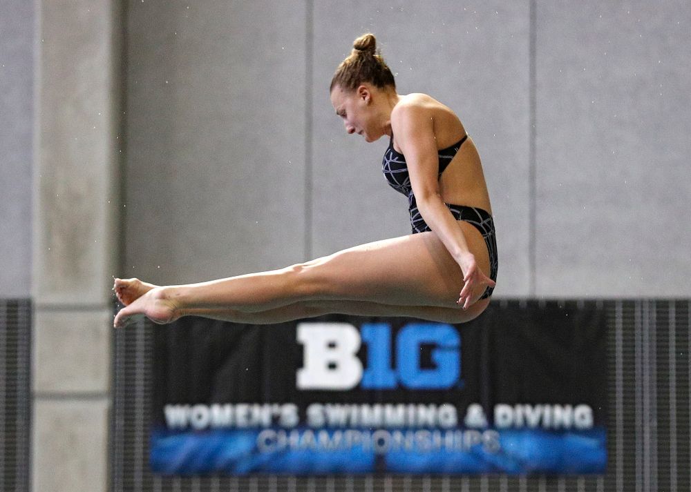 Iowa’s Samantha Tamborski competes in the women’s platform diving preliminary event during the 2020 Women’s Big Ten Swimming and Diving Championships at the Campus Recreation and Wellness Center in Iowa City on Saturday, February 22, 2020. (Stephen Mally/hawkeyesports.com)