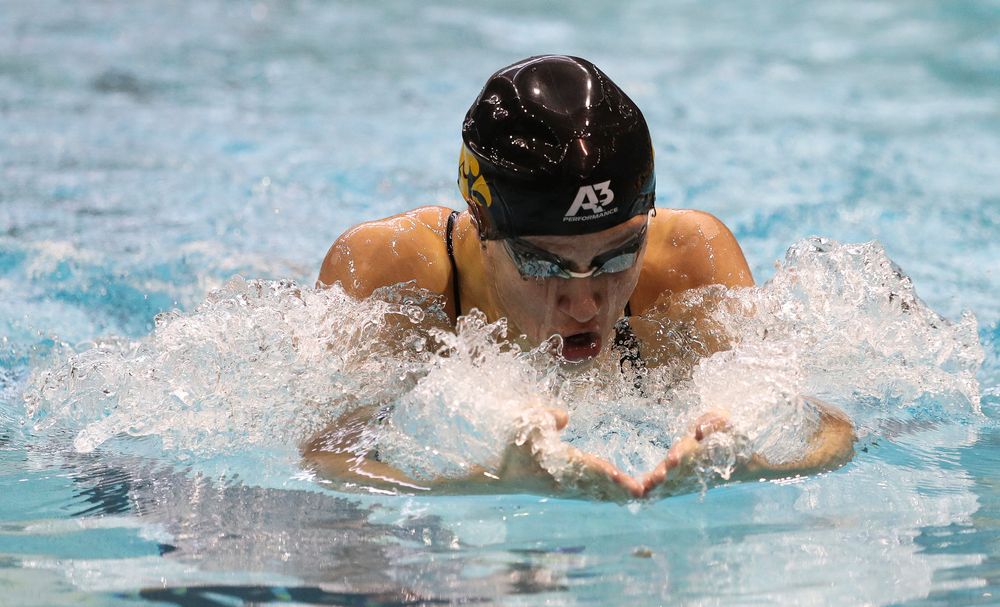 Iowa's Sage Ohlensehlen competes in the 200-yard breastsroke during a meet against Michigan and Denver at the Campus Recreation and Wellness Center on November 3, 2018. (Tork Mason/hawkeyesports.com)