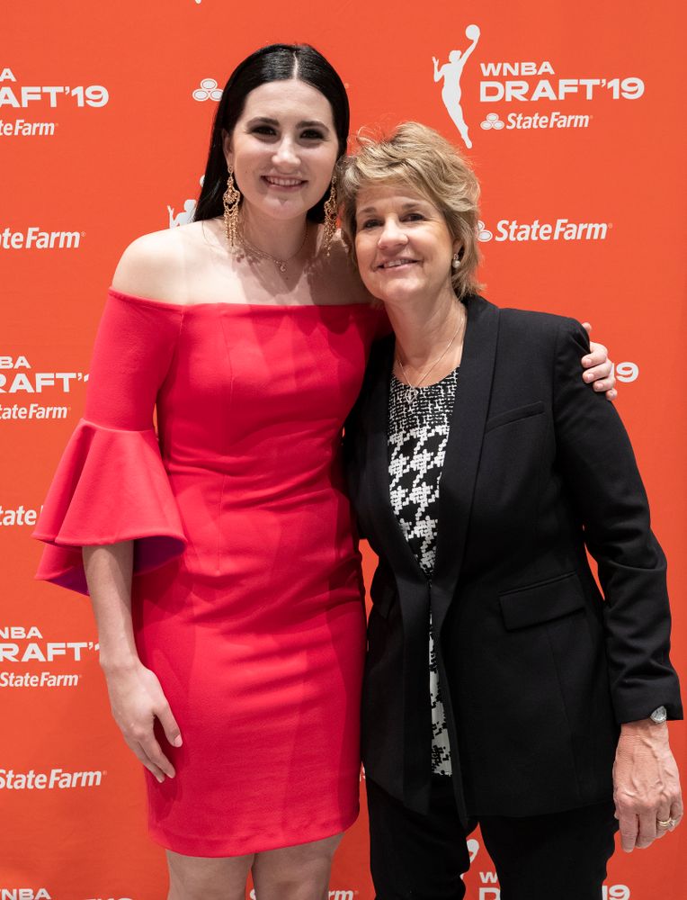 Iowa Hawkeyes forward Megan Gustafson (10) with head coach Lisa Bluder after being selected by the Dallas Wings in the second round of the 2019 WNBA Draft Wednesday, April 10, 2019 at Nike New York Headquarters in New York City. (Brian Ray/hawkeyesports.com)