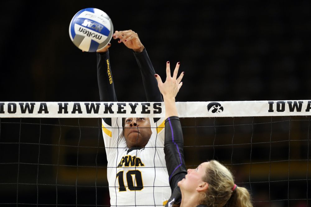 Iowa Hawkeyes outside hitter Griere Hughes (10) against Lipscomb Friday, September 20, 2019 at Carver-Hawkeye Arena. (Brian Ray/hawkeyesports.com)