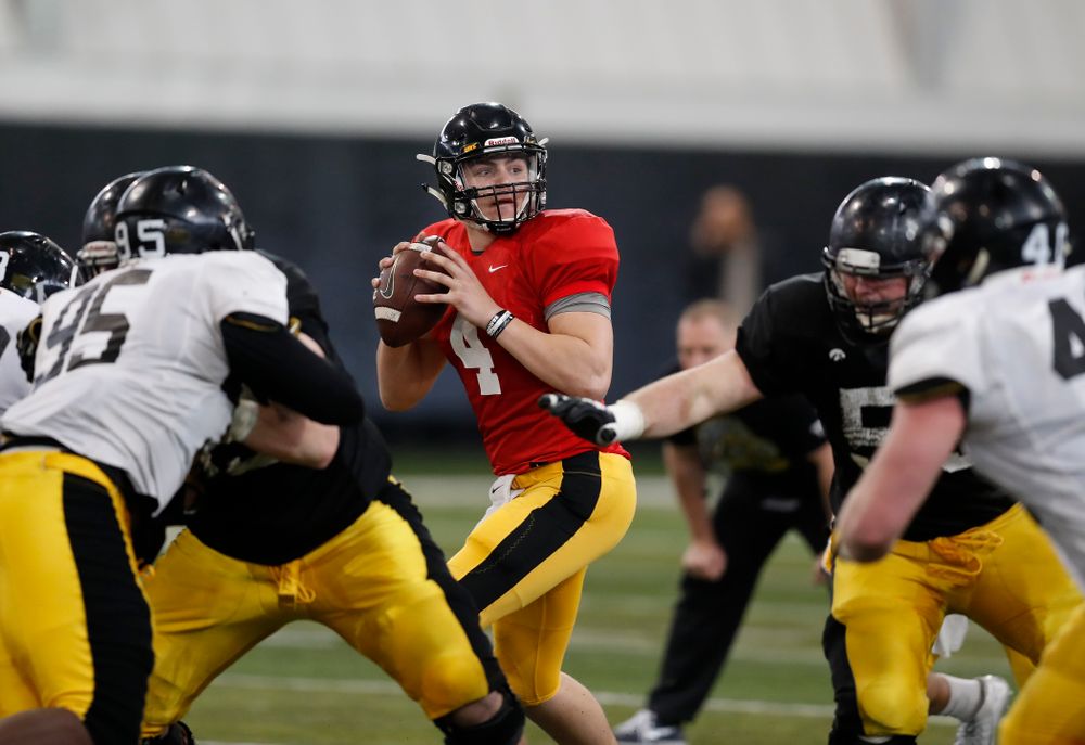 Iowa Hawkeyes quarterback Nathan Stanley (4) during spring practice  Thursday, March 29, 2018 at the Hansen Football Performance Center. (Brian Ray/hawkeyesports.com)